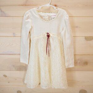 Vintage Rose Cottage Youth Girls Dress Size 7 Ivory Lace Rosette Bow 1990s